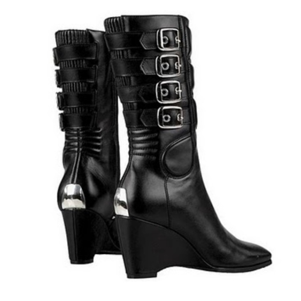 Womens 8.5 ICON Moto Leather Biker Boots Suede/Buckle Bombshell Wedge Heels NEW